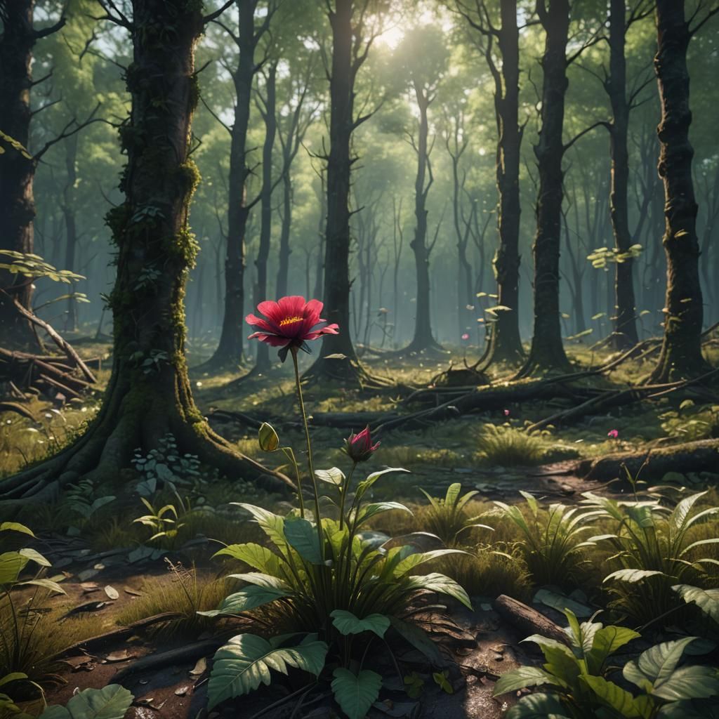 Lonely Flower in Abandoned Forest: Detailed Matte Painting