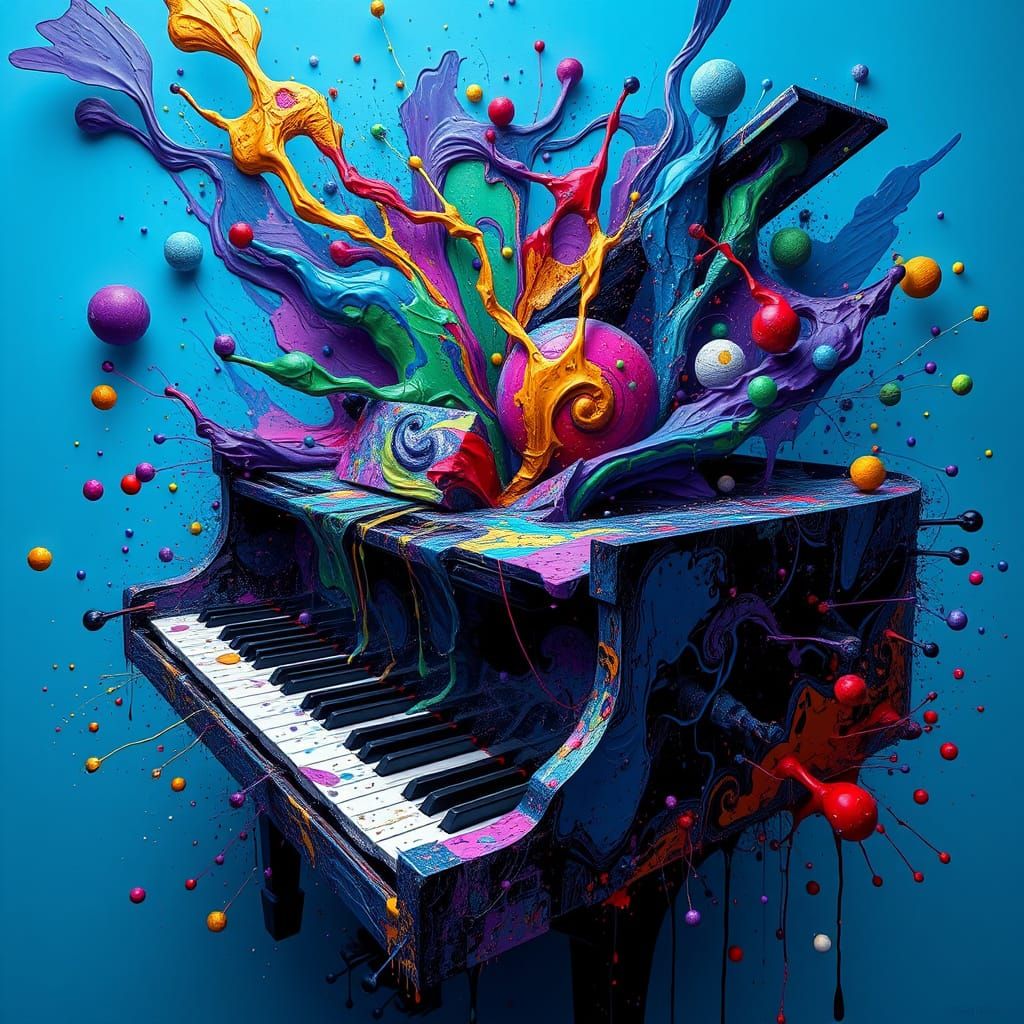 Surreal Splatter Paint Explosion on Distorted Piano