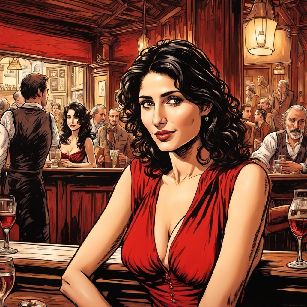 Woman in Red Dress, Dark Fantasy Comic Book Style
