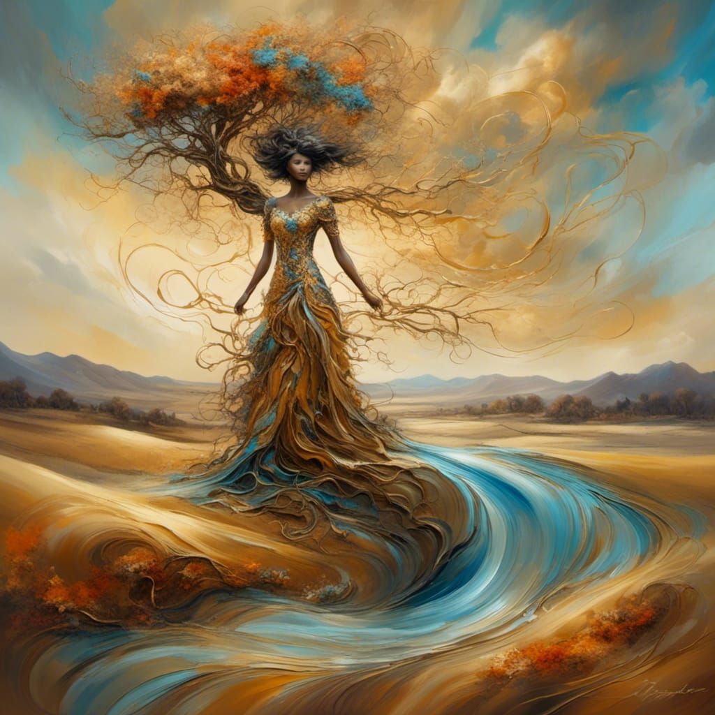 Surreal Figure in Dreamlike Landscape as Oil Painting