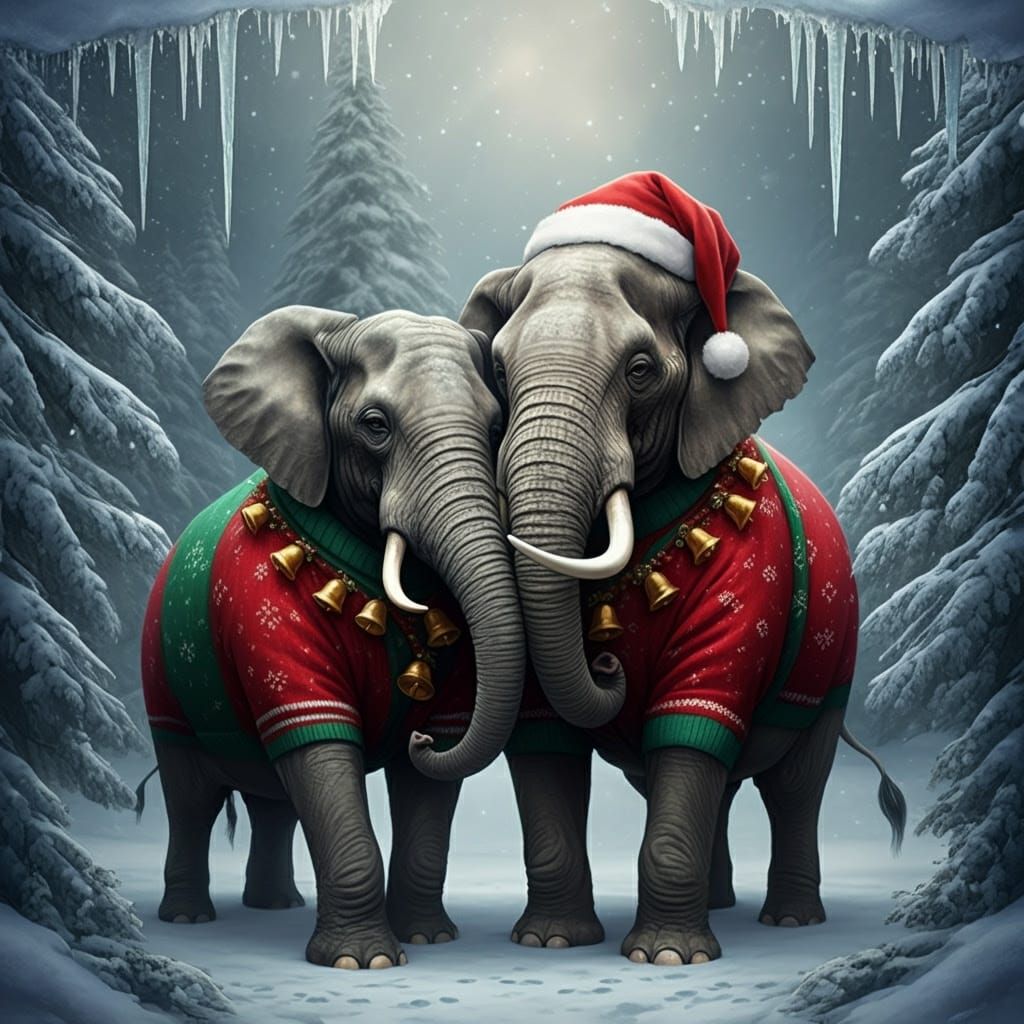 Elephants in Whimsical Christmas Winter Wonderland