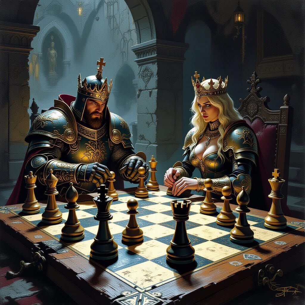 Medieval Chess Battle in an Atmospheric Fantasy Setting