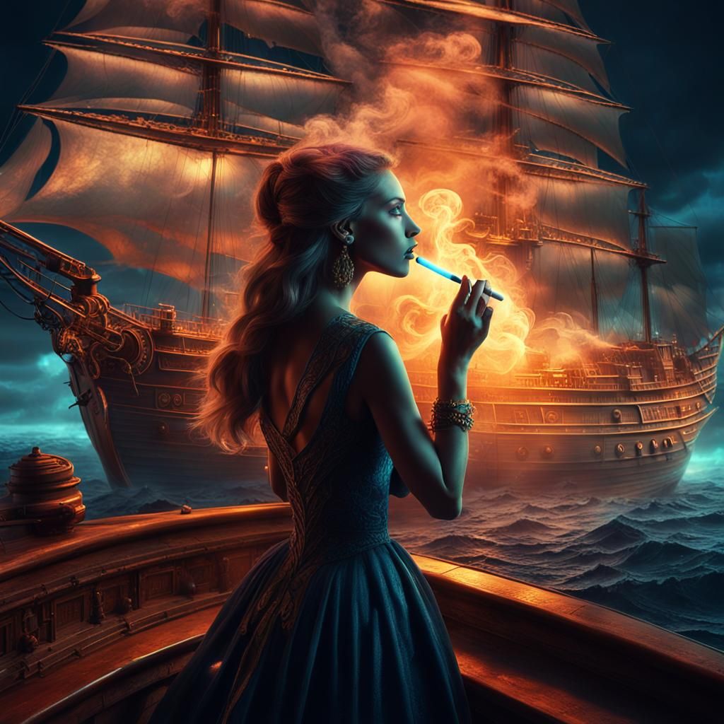 Ethereal Sail Ship Carved from Fluorescent Smoke