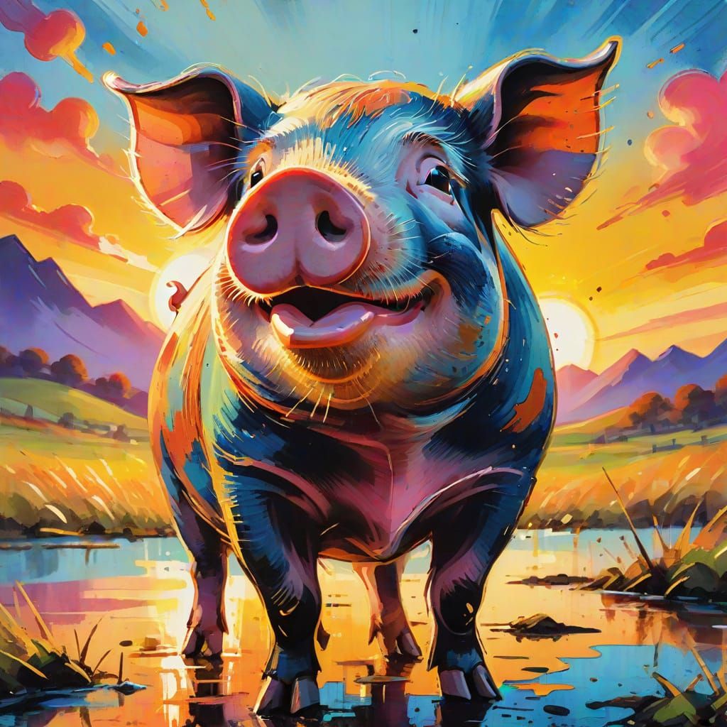Happy Pig Enjoys Sunset in Expressionist Ink Painting