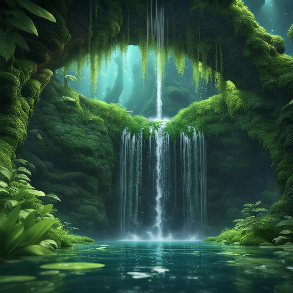 Waterfall Scene Inside Water Drop, Detailed Matte Painting