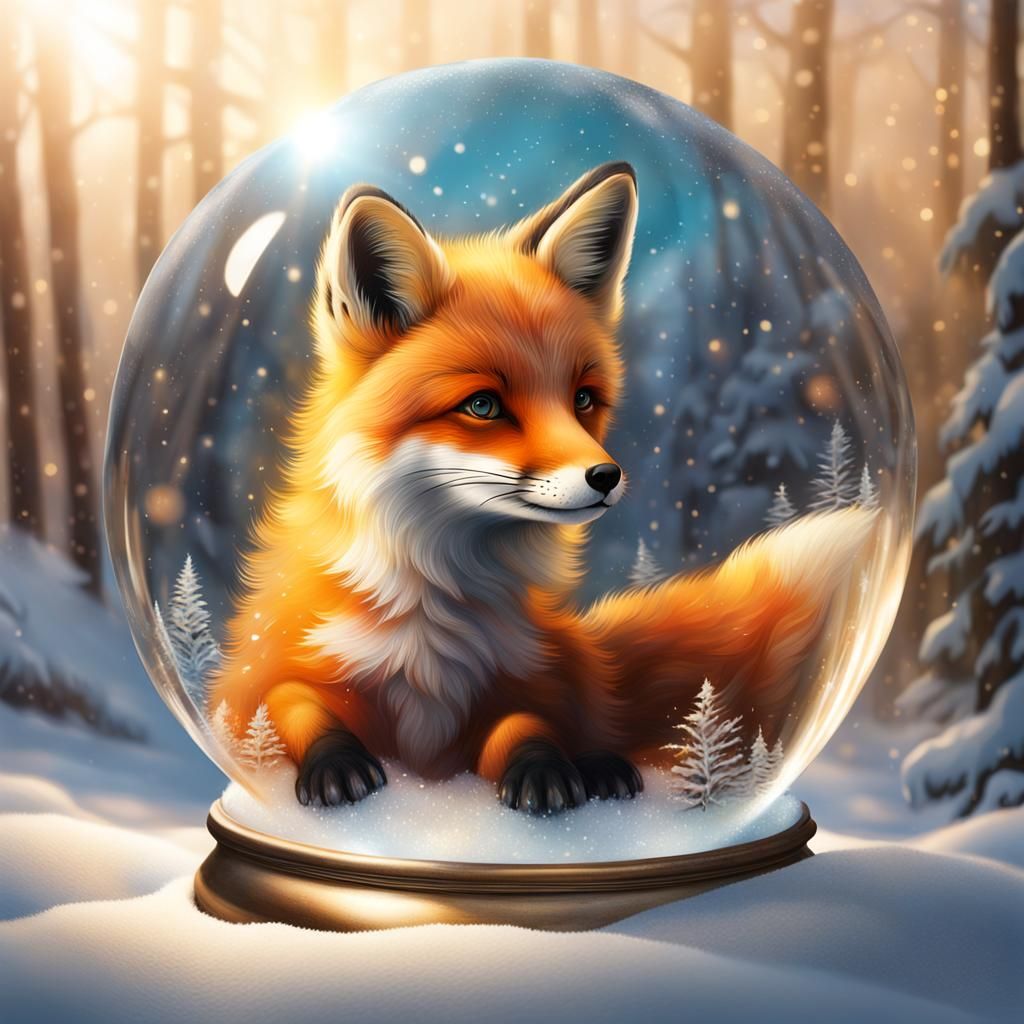 Fox Cub in Snow Globe: Hyperrealistic Splash Art