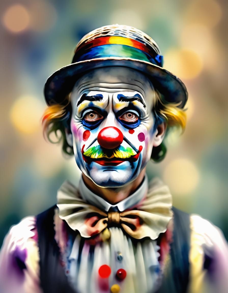 Sad Clown Portrait in Impressionistic Watercolor Style
