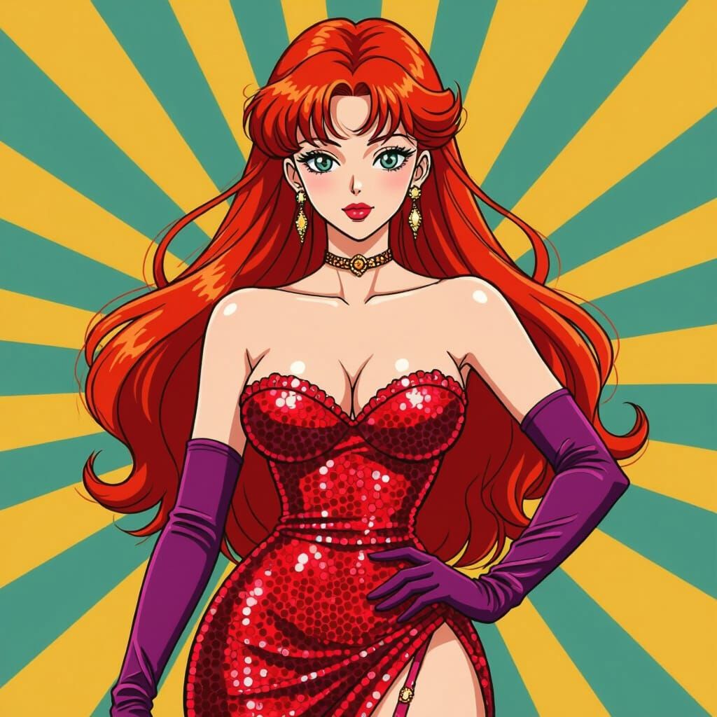 80s Anime Woman in Red Dress with Opera Gloves