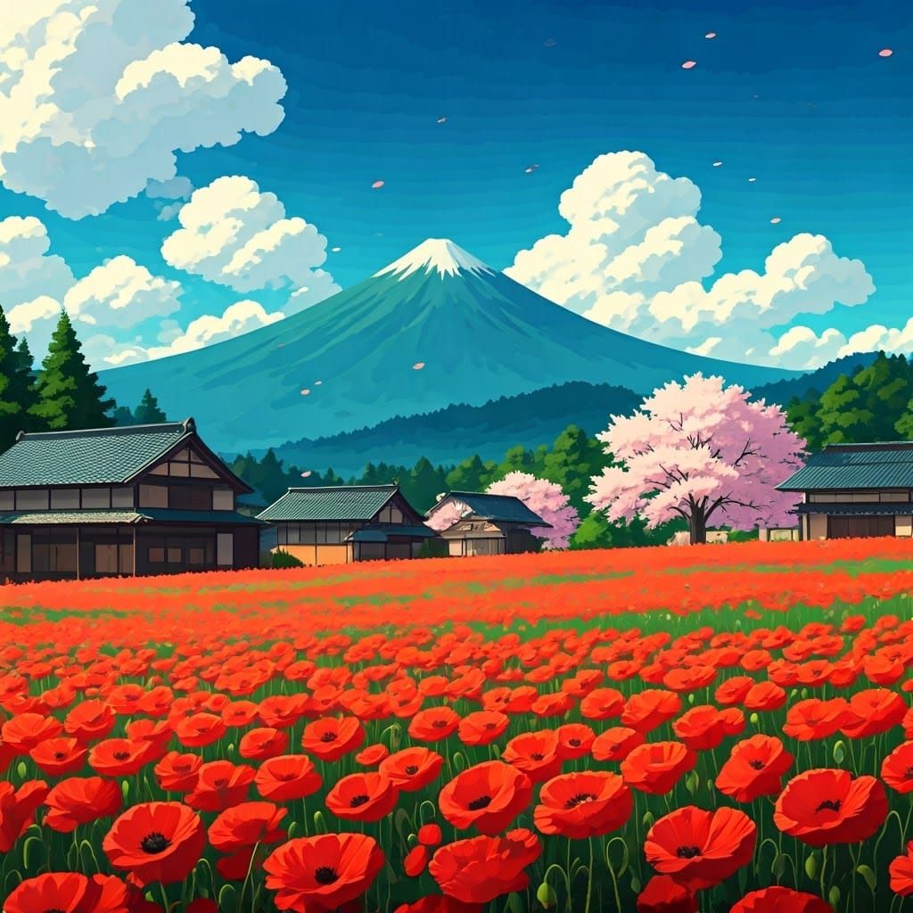 Japanese Poppy Field in Anime Style