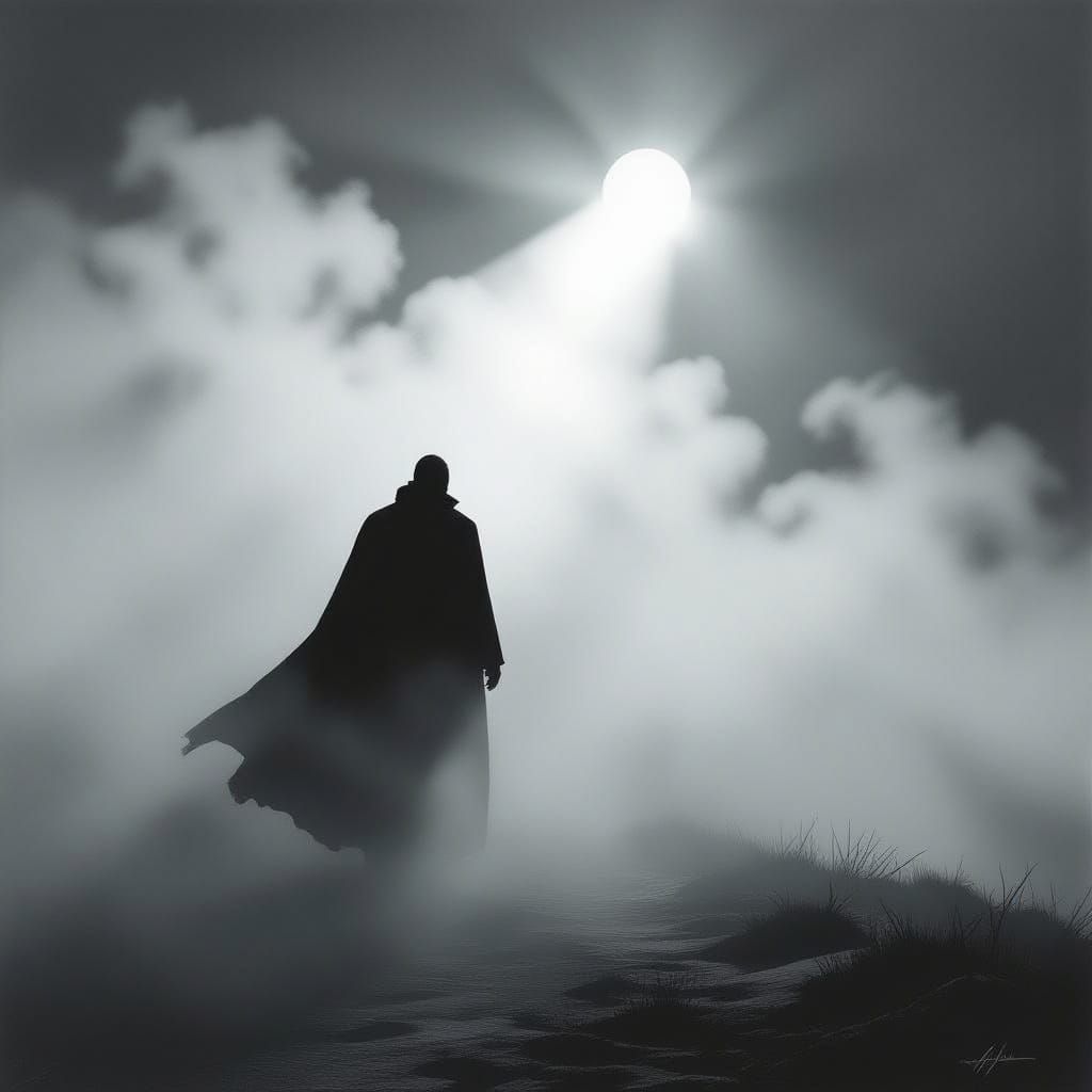 Mysterious Figure Emerging from Ethereal Fog