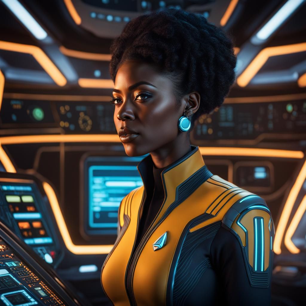 Woman in Starfleet Uniform with Tron Lines, Detailed Portrai...