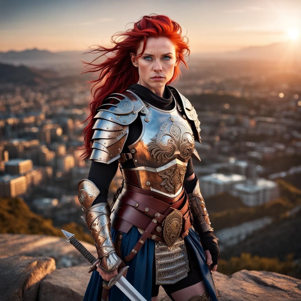 Gladiator Woman Overlooks City at Sunset