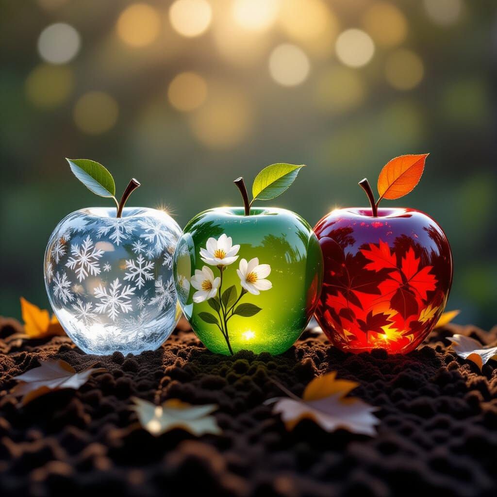 Four Glass Apples Representing Seasons on Dark Earth