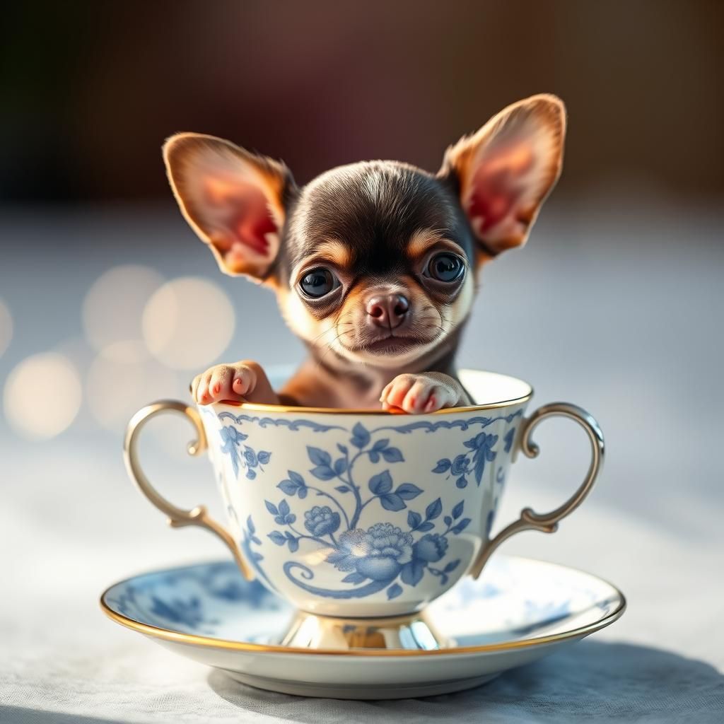 Tiny Chihuahua Poses in Ornate China Teacup