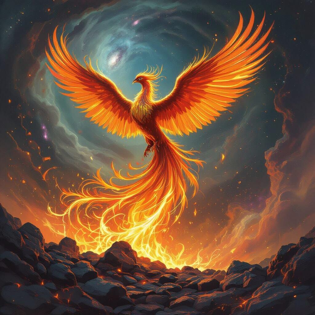 Phoenix Rises from Embers in Cosmic Vortex