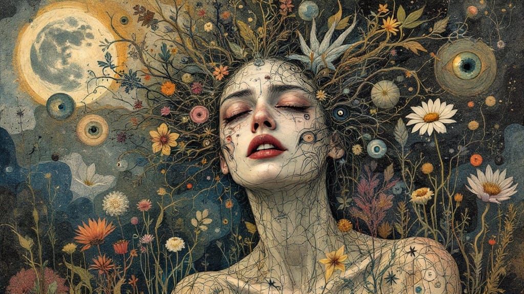 Abstract Woman in Pain, Surrounded by Nature's Expressions