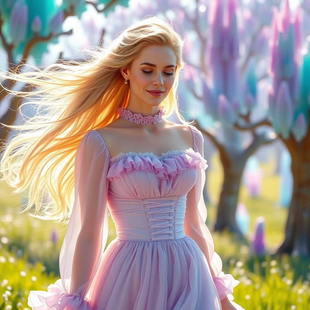 Victorian Woman in Crystal Field, Surrealist Dreamscape