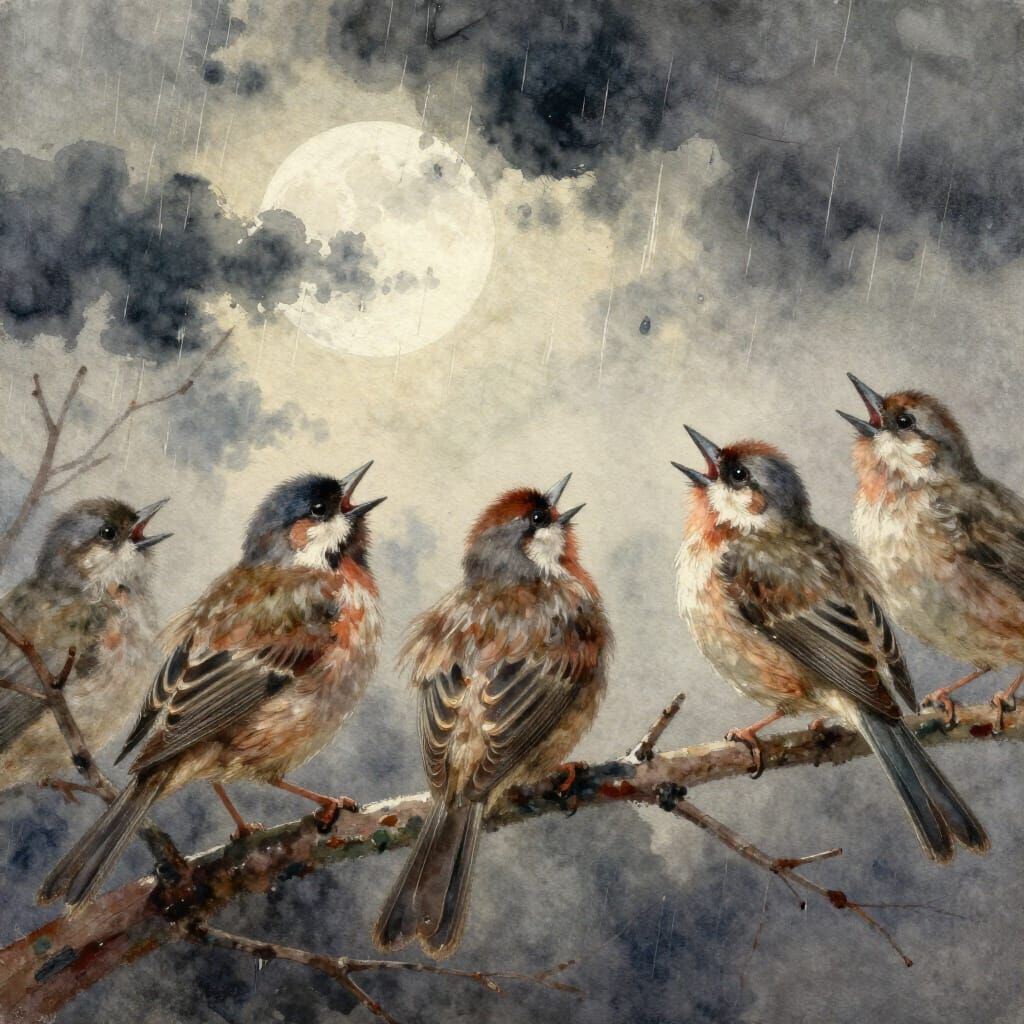 Melancholic Watercolor of Off-Key Birds Under Stormy Skies