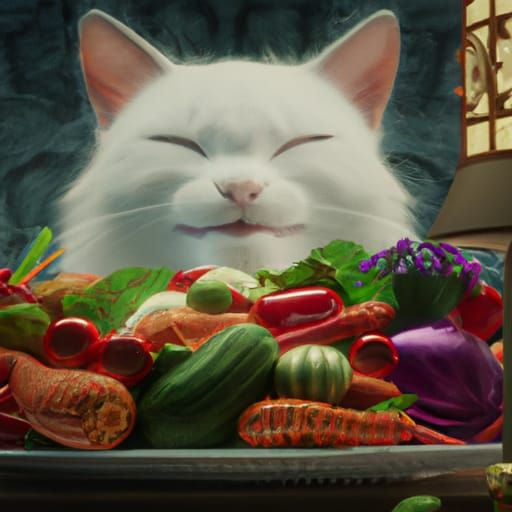 Smug Cat with Vegetables in Digital Painting Style