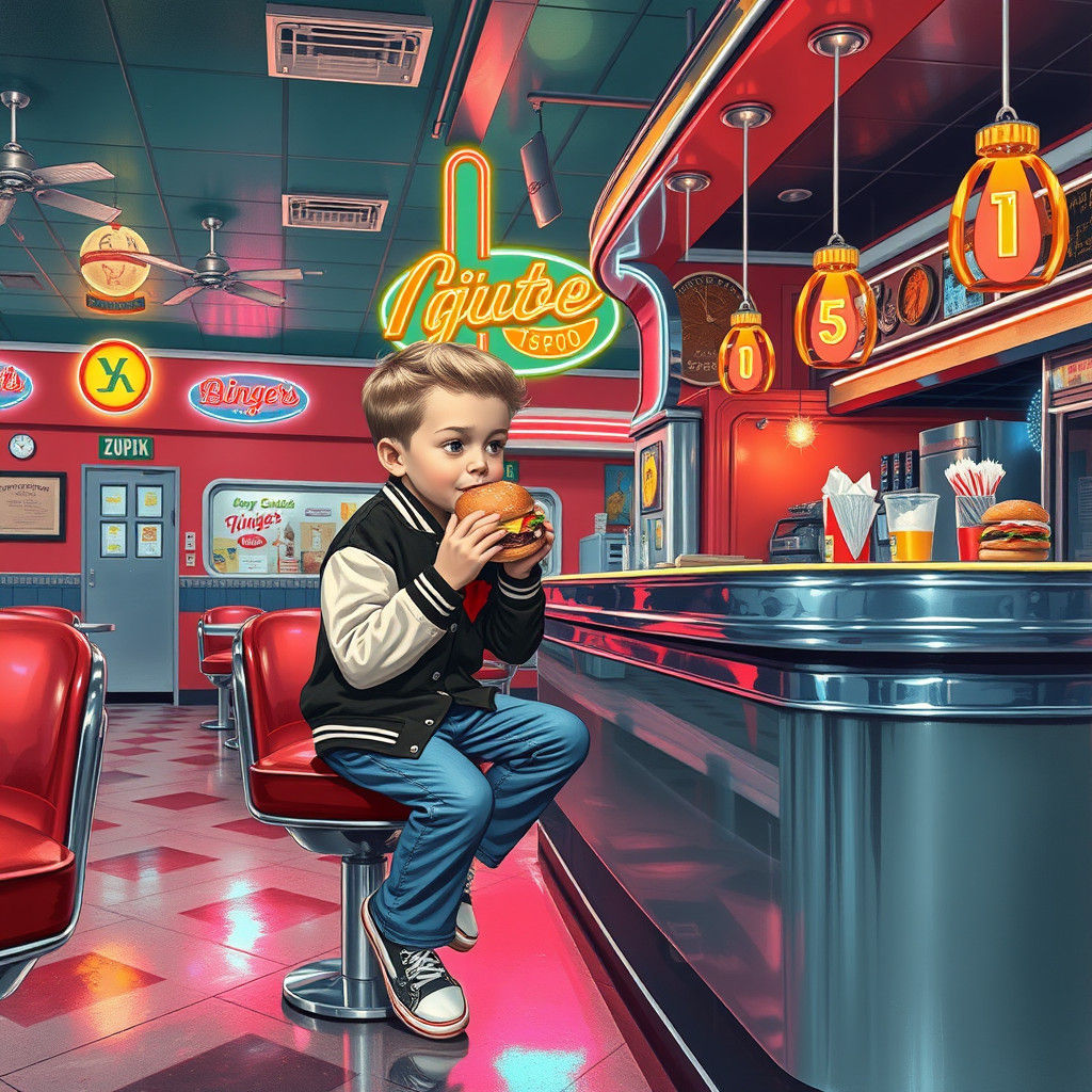 1950s boy eating a burger