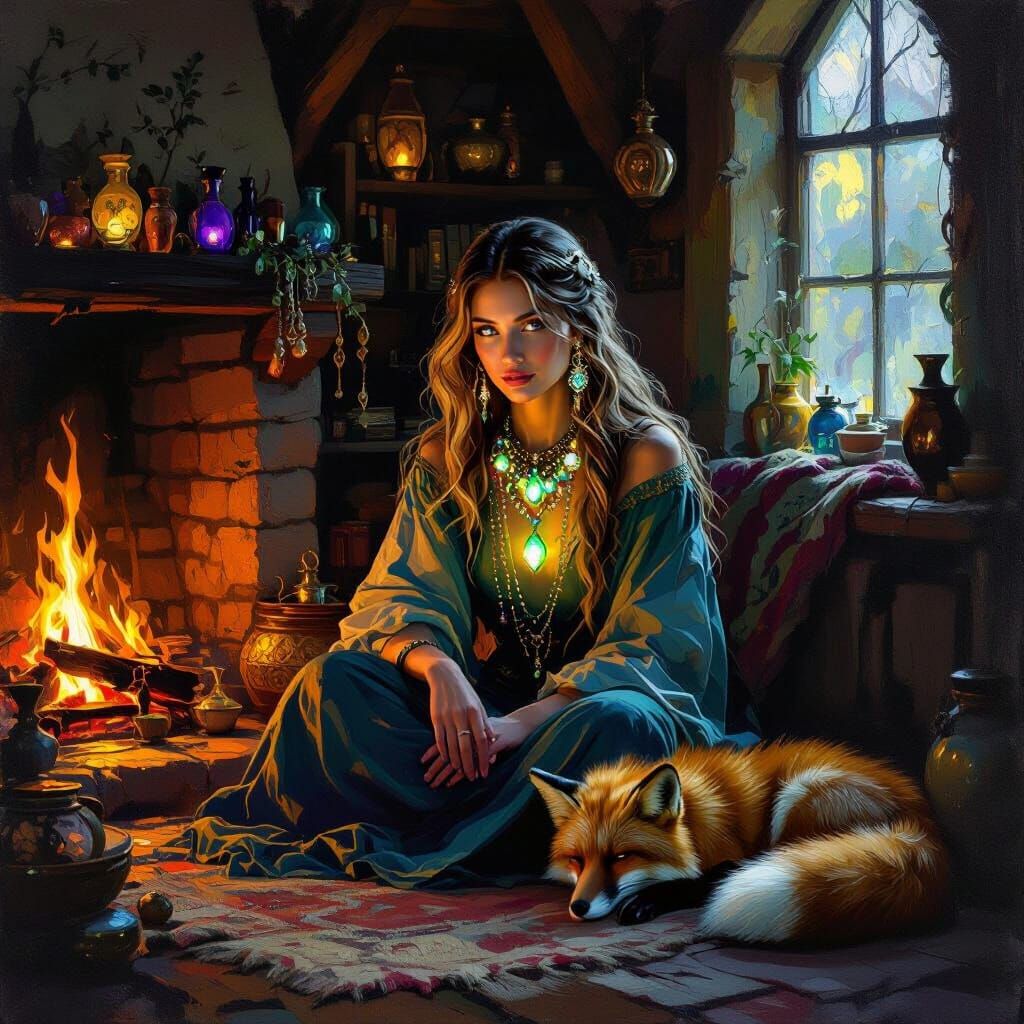 Ethereal Sorceress with Jewel and Fox in Enchanted Cottage
