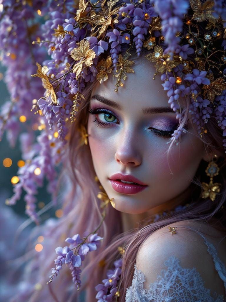 Ethereal Wisteria Fae in Dark Fantasy Style