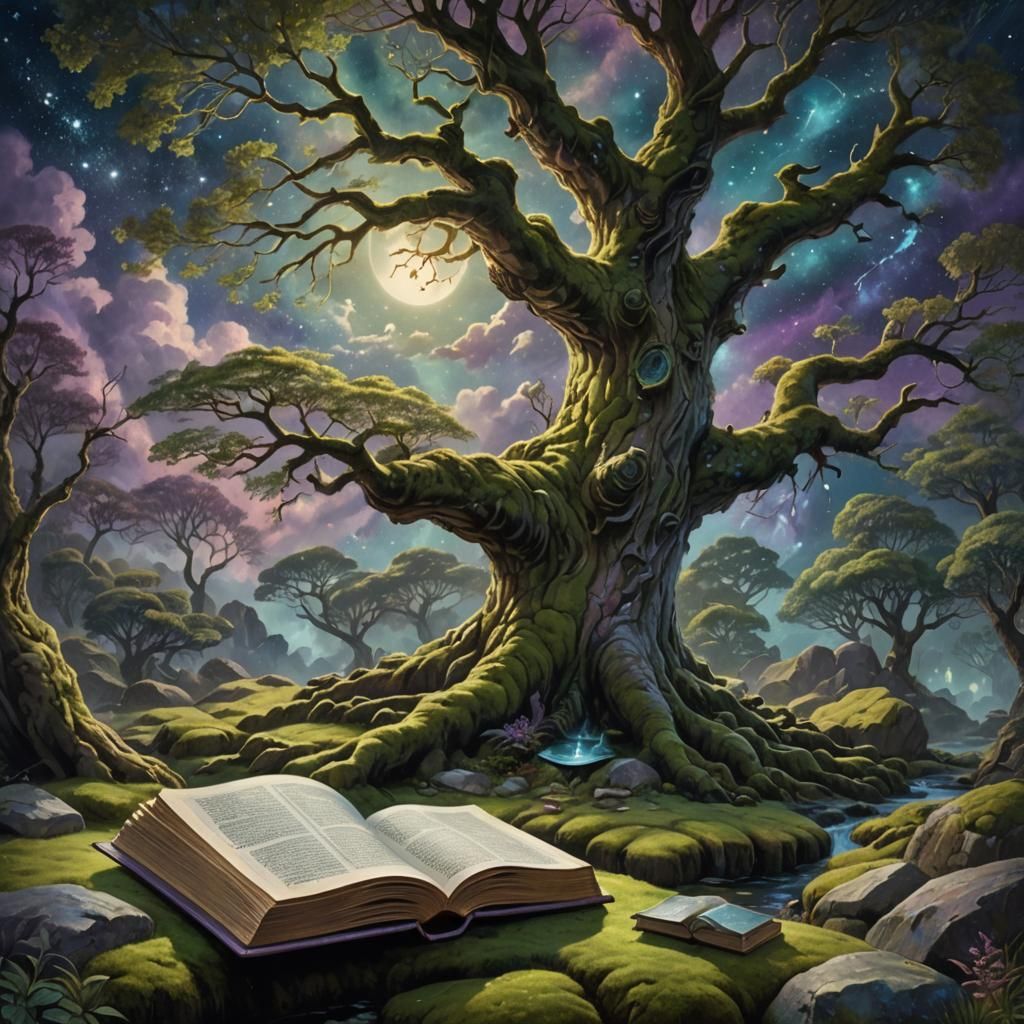 Open Book Under Ancient Tree: Fantasy Concept Art