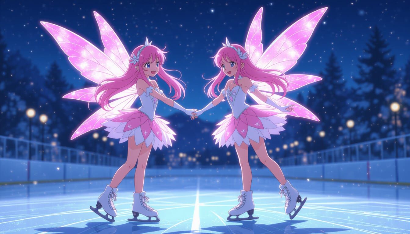 Anime Fairies Ice Skating in Moody Cinematic Style