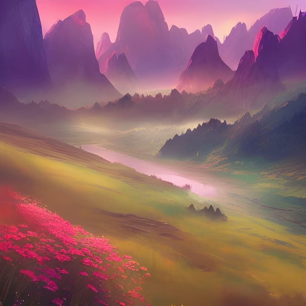 Vast Landscape with Floral Valley and Towering Mountains