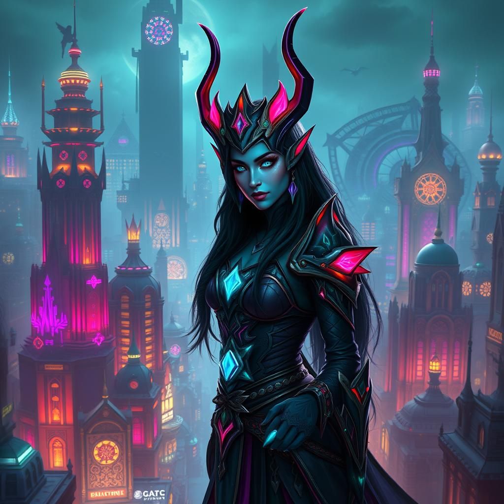 Cyberpunk Priestess in a Mystical Cityscape