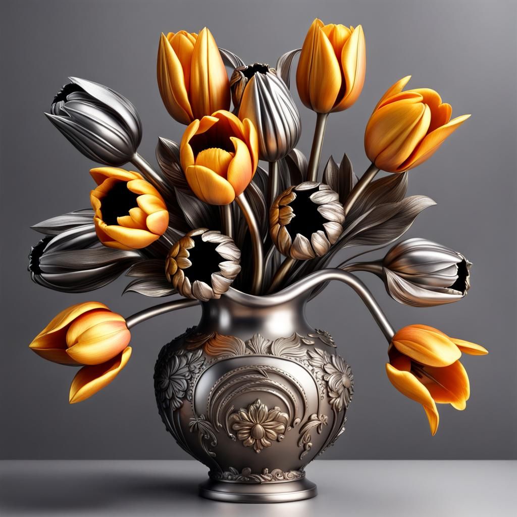 Bronze Tulips in Titanium Vase: 3D Metallic Art