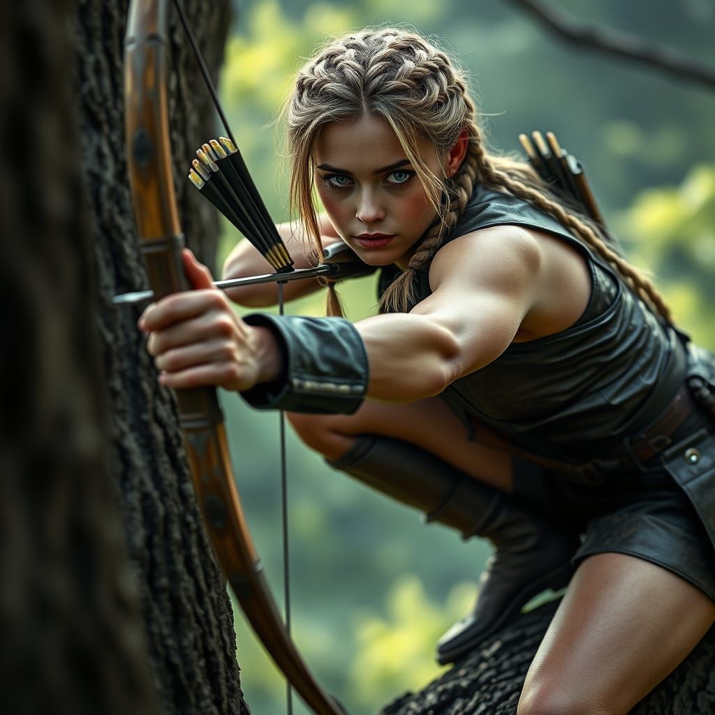 Hunter Ready with Bow, Hyperrealistic Digital Art