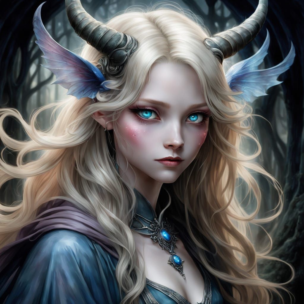 Serene Demoness with Gently Curving Horns and Ethereal Wings