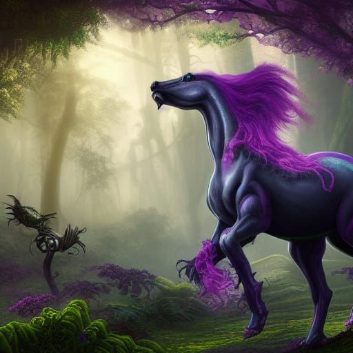 Purple Horse in Mystical Forest: Fantasy Concept Art