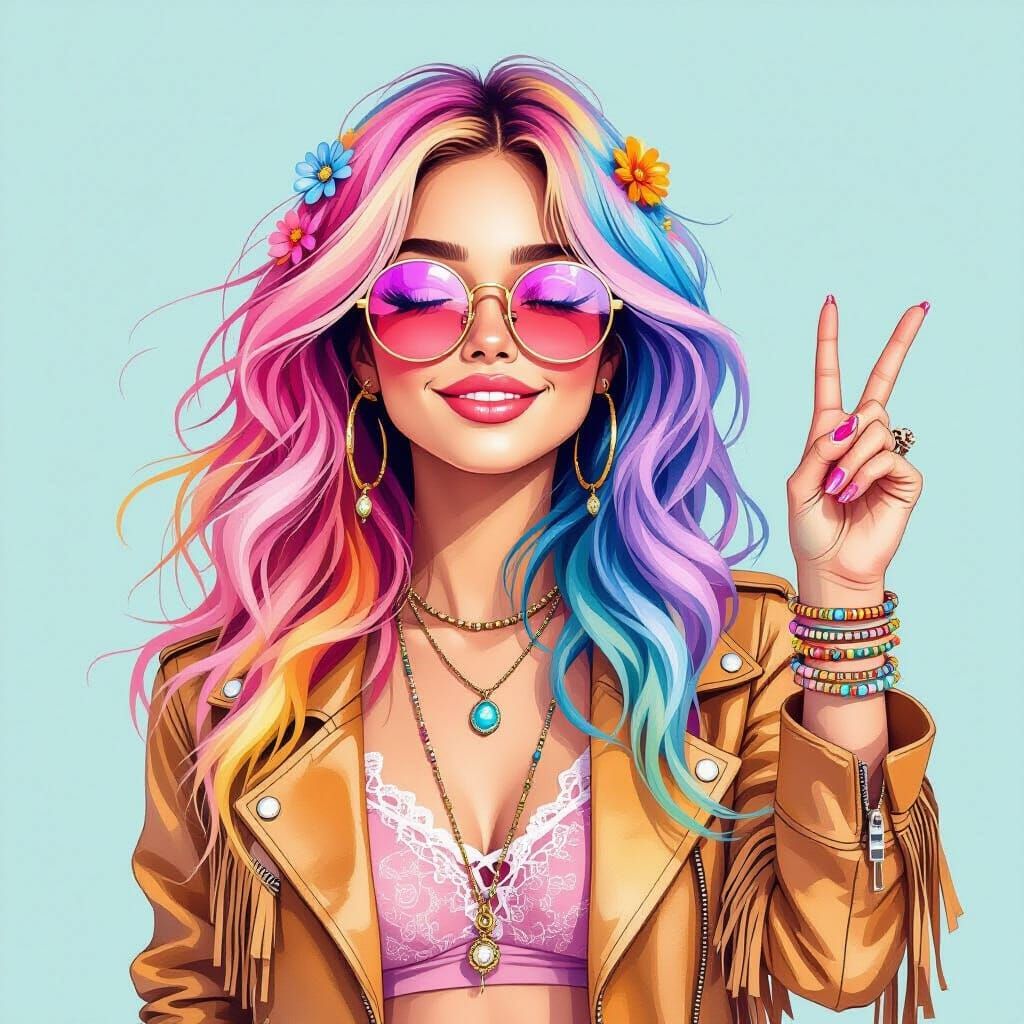 Hippie with Rainbow Hair in Watercolor Style