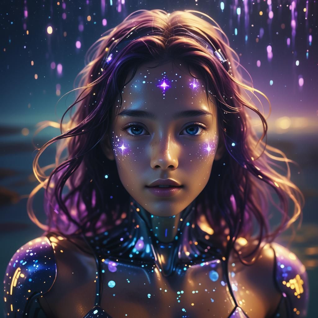 Robotic Woman in Underwater Starry Scene