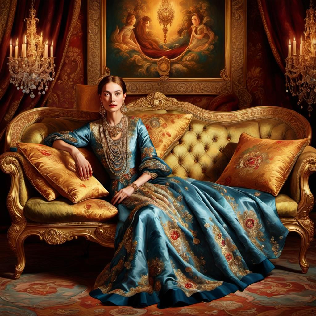 Opulent Woman on Lavish Couch in Baroque Oil Painting