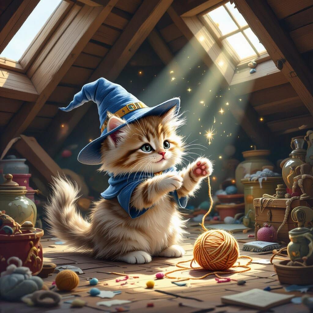 Mischievous Kitten Conjures Yarn in Dusty Attic