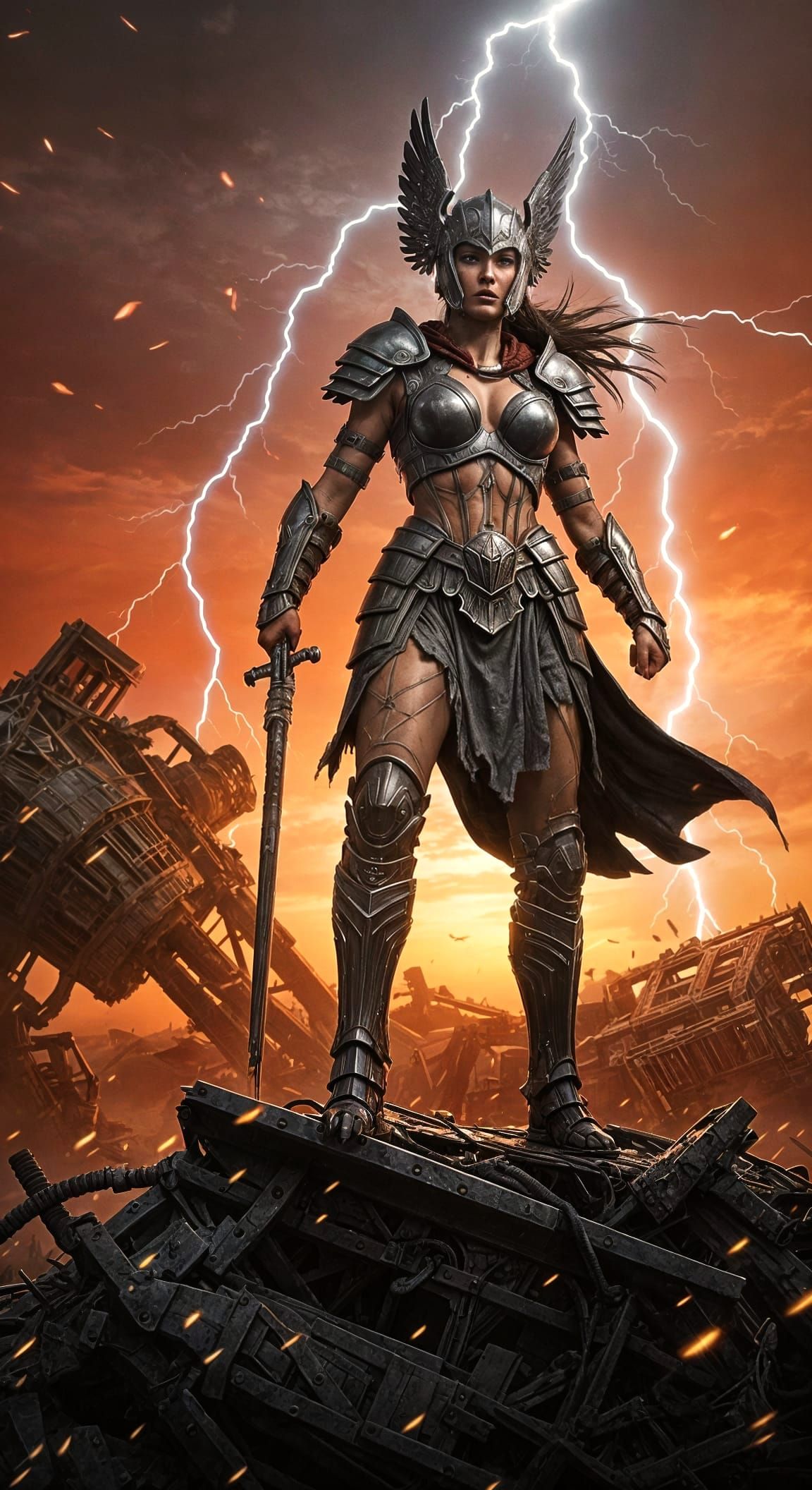 Lone Valkyrie Warrior Against Fiery Sunset