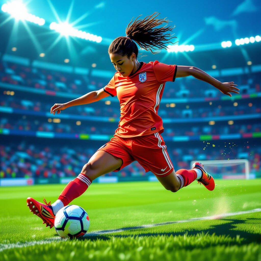 Dynamic Soccer Player Kicking Ball in Neon Style