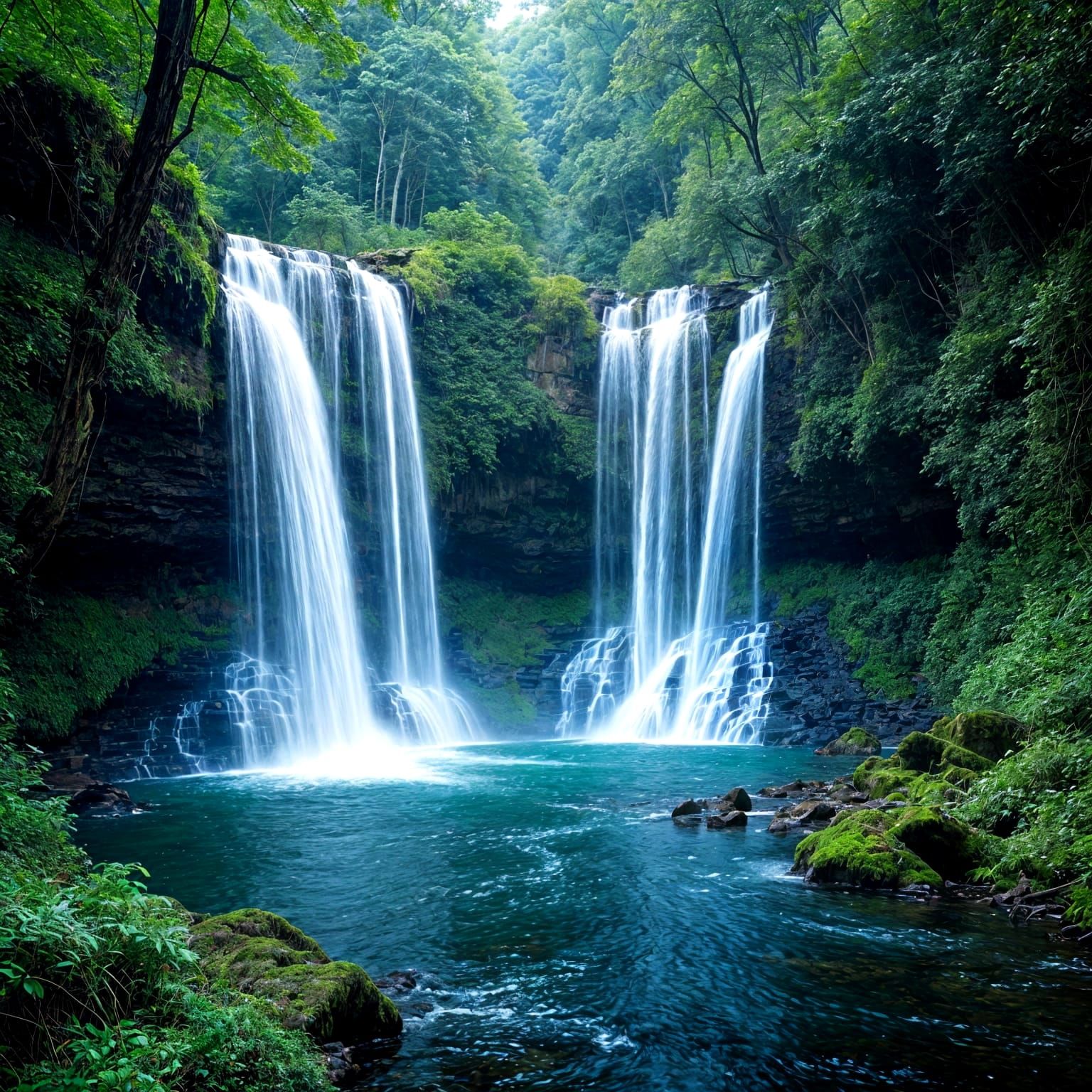 Majestic Waterfalls in Lush Green Landscape