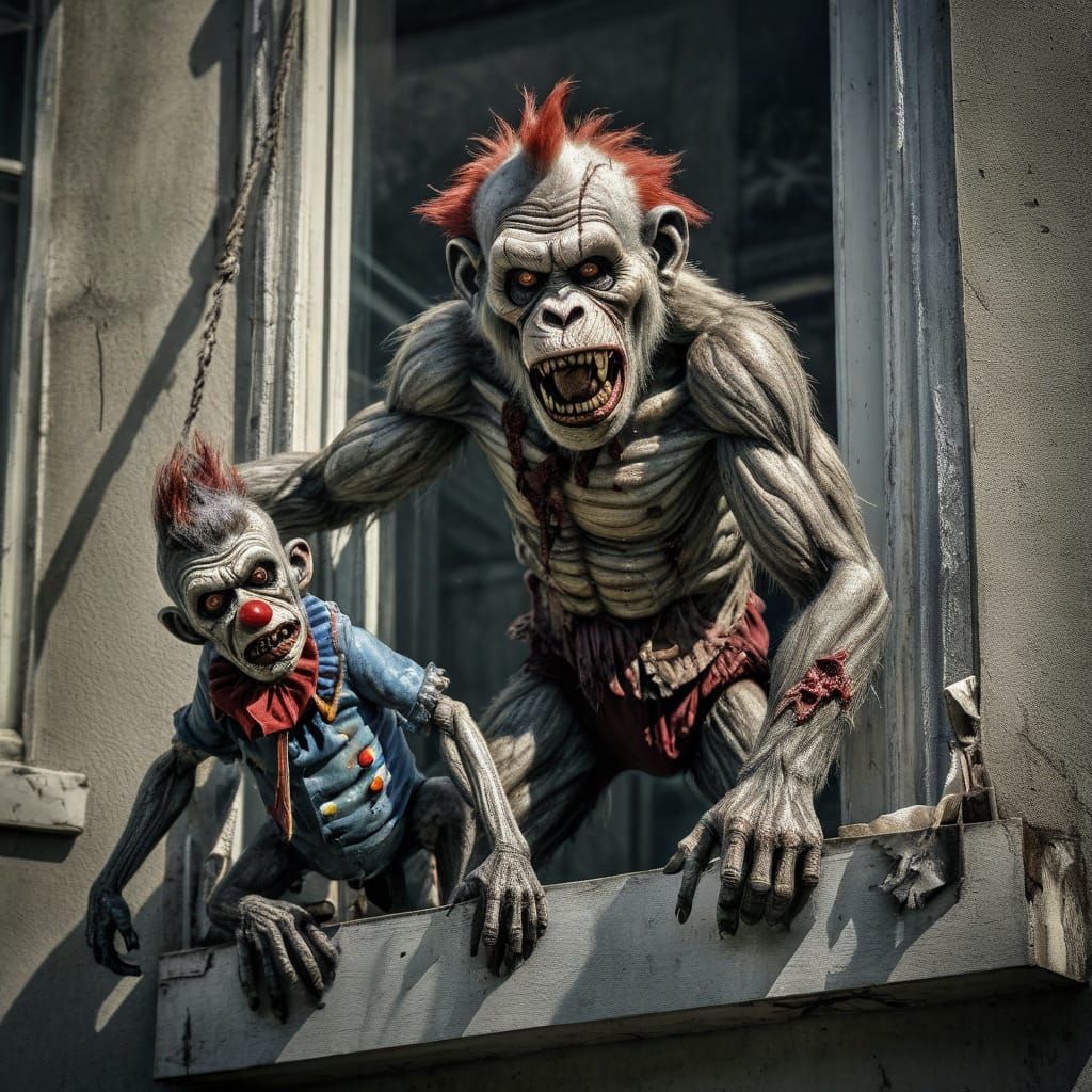 A Zombie Monkey Monster Clown Suspends a Toddler from a Wind...