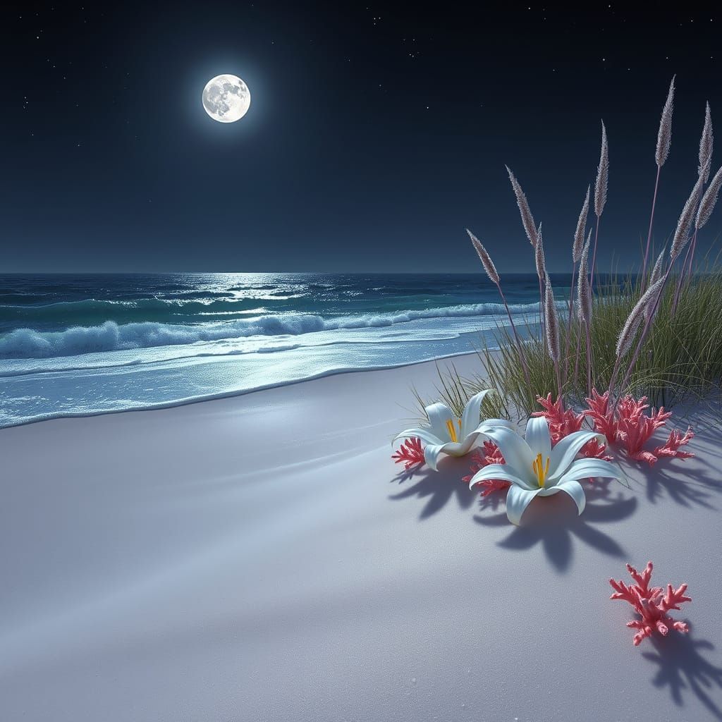 Moonlit Bioluminescent Ocean Shore Fantasy Realism Art
