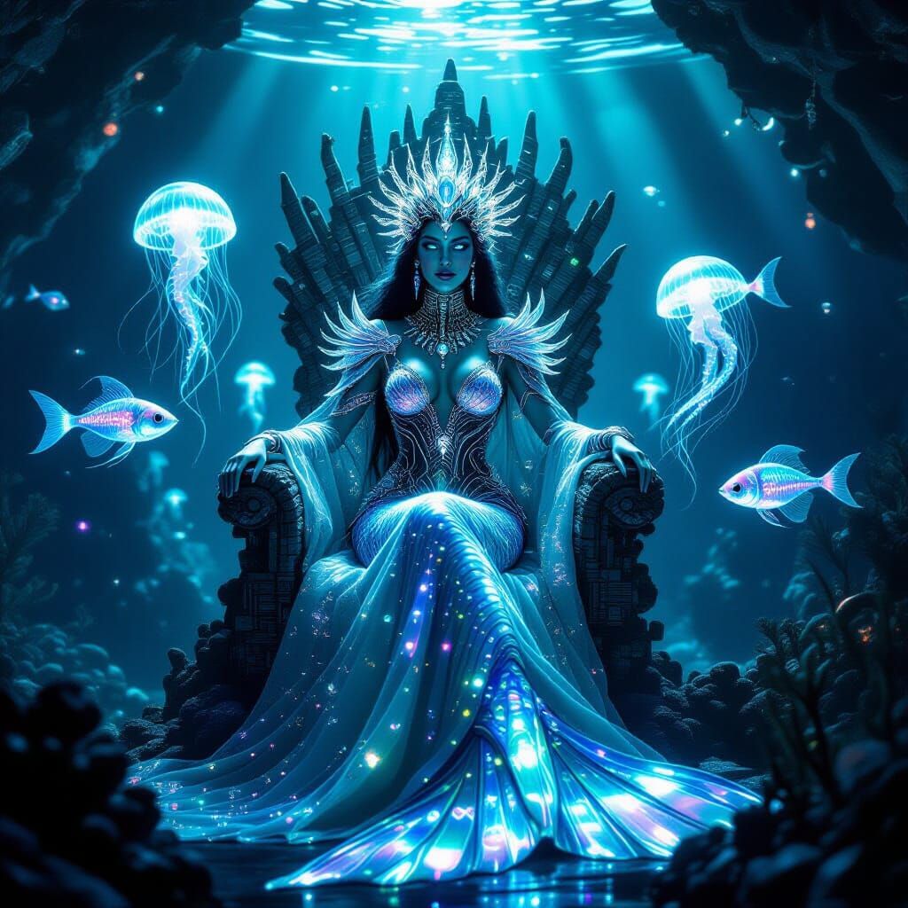 Bioluminescent Mermaid Queen on Coral Throne