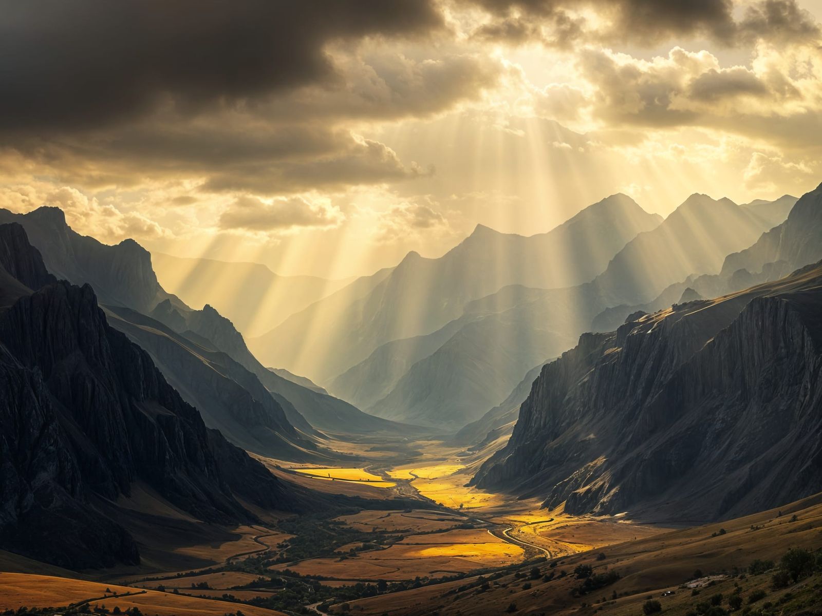 Epic Fantasy Valley with Granite Mountains and Yellow Fields