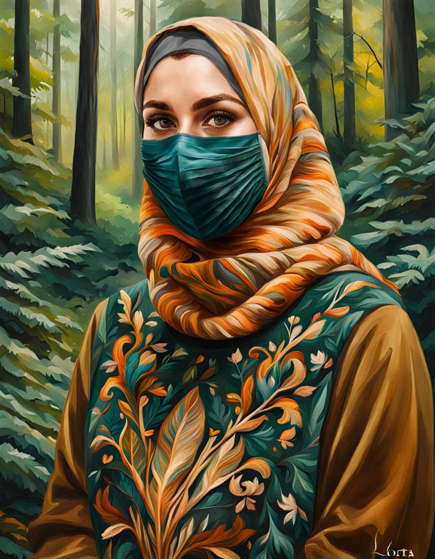 Woman in Hijab and Mask in Forest Painting