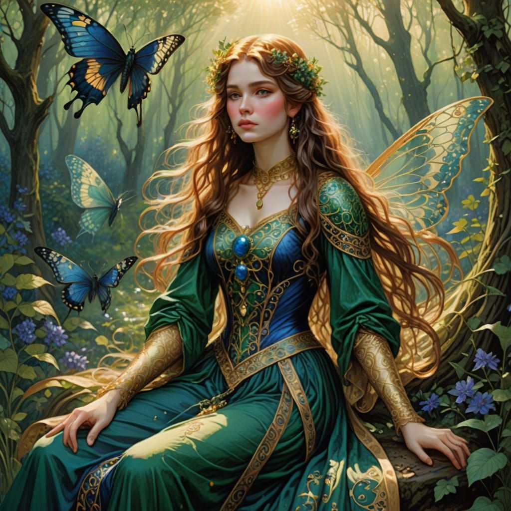 Regal Faerie Queen in Luminous Golden Attire