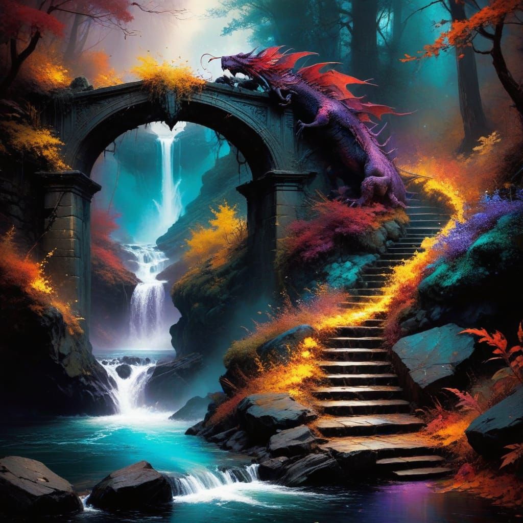 Surreal Autumn Dragon Archway in Grunge Art