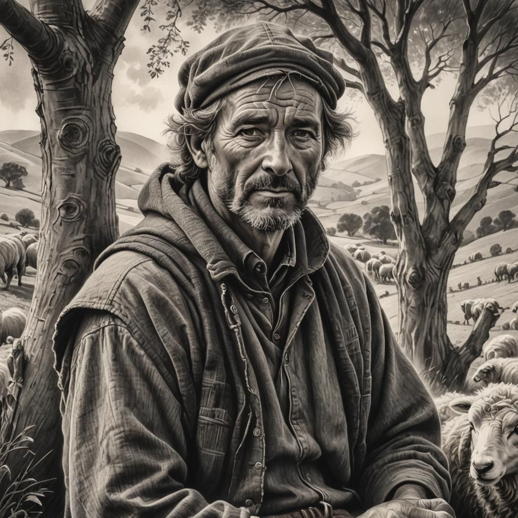Shepherd Contemplates Landscape in Charcoal Drawing