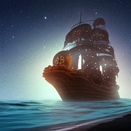 Mystical Steampunk Pirate Ship on Galaxy Sea